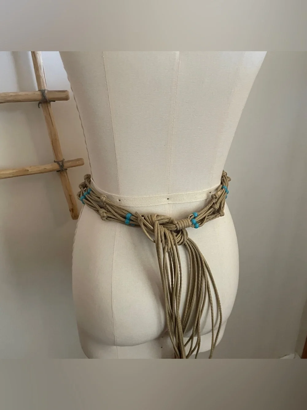 Vintage leather tie belt Handmade Natural Rope Waist Belt wTurquoise color Beads